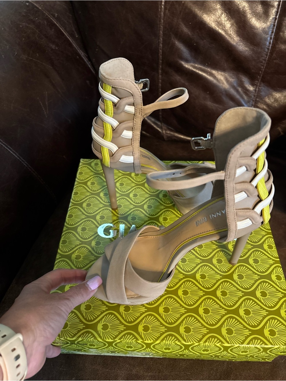 Gianni Bini Beige Suede Strappy High Heels with Yellow Accent